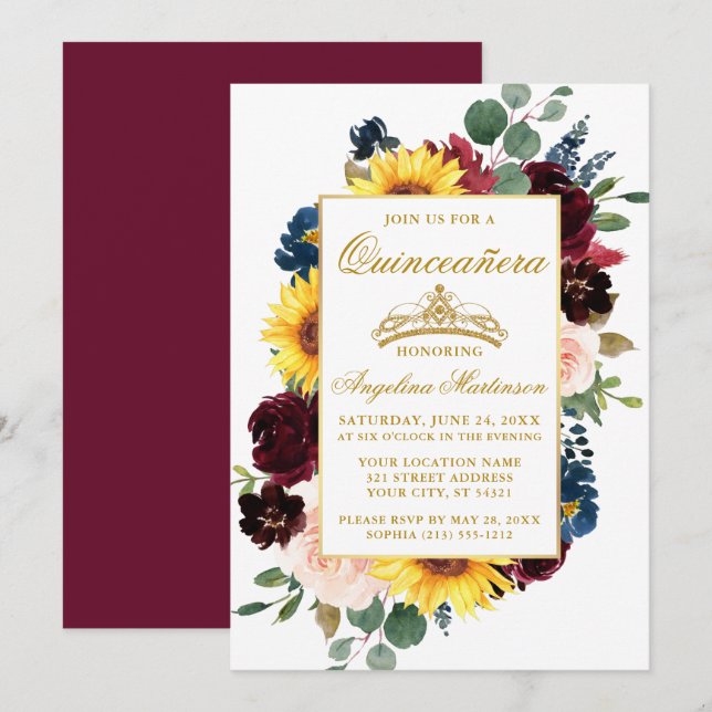 Vattenfärg Blandad burgundisk Blommigt Quinceanera Inbjudningar (Fram/baksida)