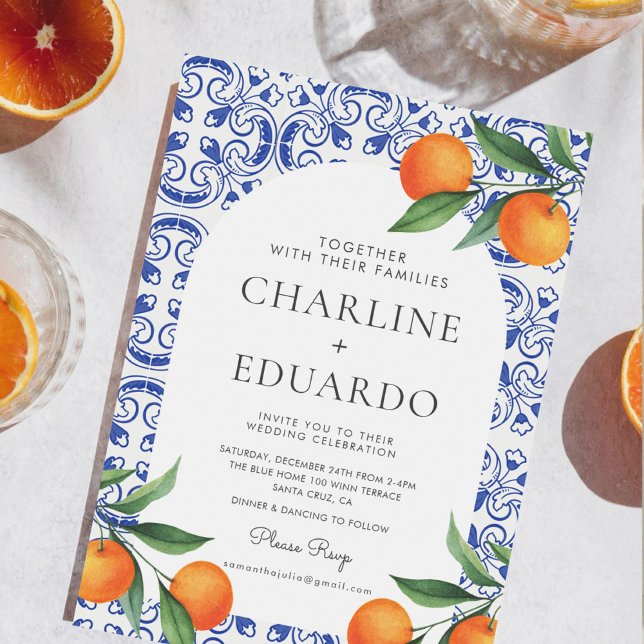 Vattenfärg Blåplattforms Medelhavsbröllop QR-kod Inbjudningar (Skapare uppladdad)