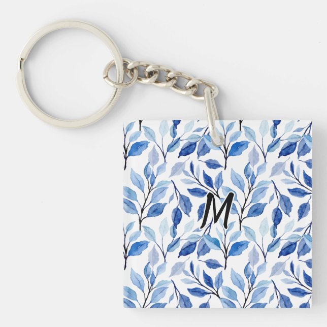 Vattenfärg Blått Blad Moasik Finkonst Monogram (Framsidan)