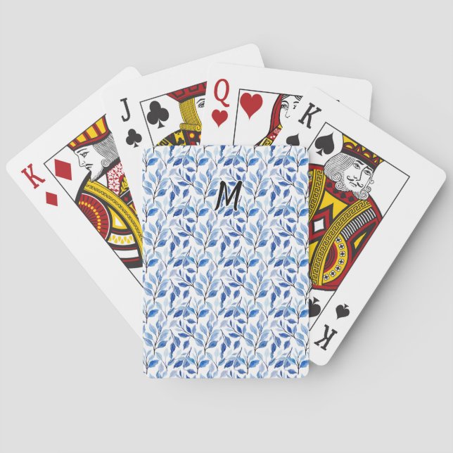 Vattenfärg Blått Blad Moasik Finkonst Monogram Casinokort (Baksidan)