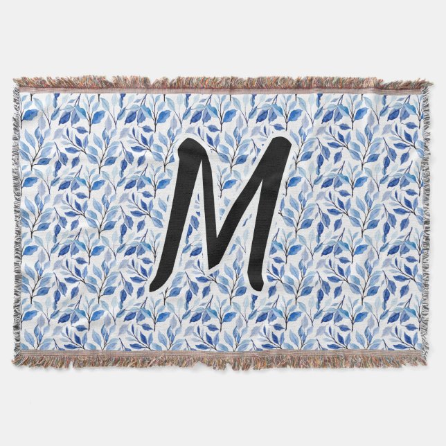 Vattenfärg Blått Blad Moasik Finkonst Monogram Filt (Framsidan)
