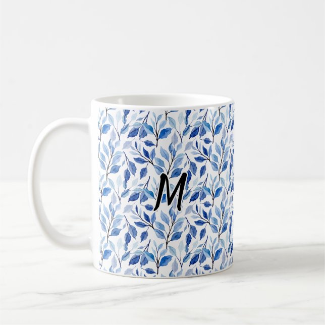 Vattenfärg Blått Blad Moasik Finkonst Monogram Kaffemugg (Vänster)