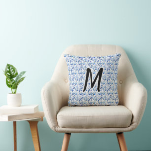 Vattenfärg Blått Blad Moasik Finkonst Monogram Kudde