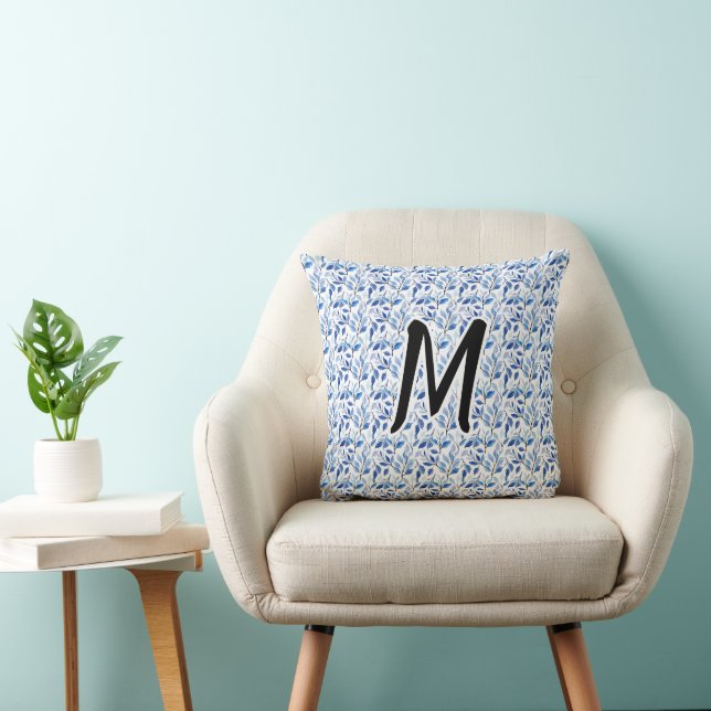 Vattenfärg Blått Blad Moasik Finkonst Monogram Kudde (Stol)