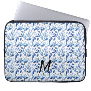 Vattenfärg Blått Blad Moasik Finkonst Monogram Laptop Fodral