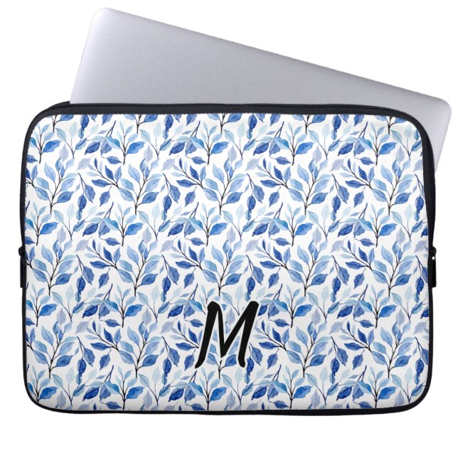 Vattenfärg Blått Blad Moasik Finkonst Monogram Laptop Fodral (Framsidan)