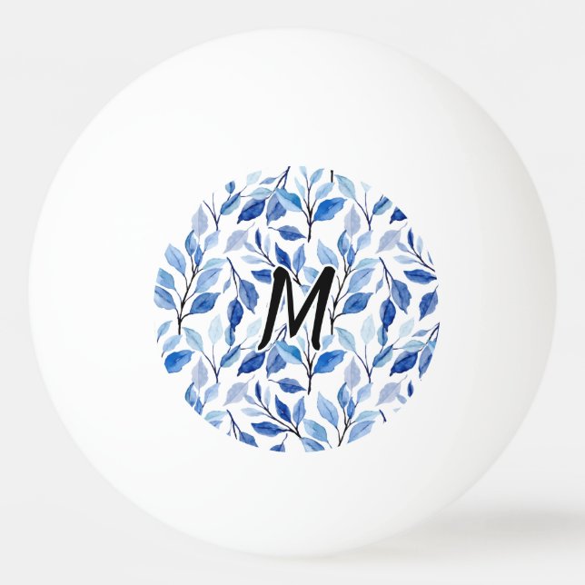 Vattenfärg Blått Blad Moasik Finkonst Monogram Pingisboll (Framsidan)