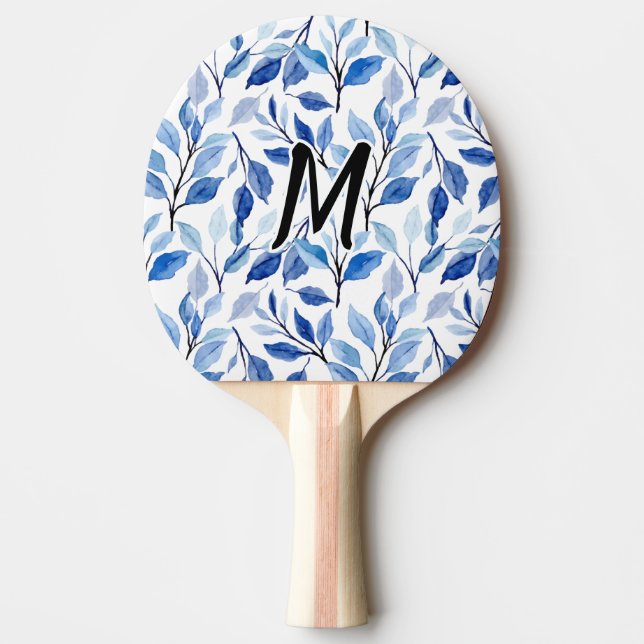 Vattenfärg Blått Blad Moasik Finkonst Monogram Pingisracket (Framsidan)