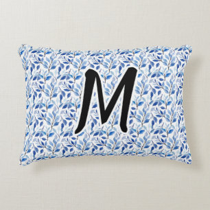 Vattenfärg Blått Blad Moasik Finkonst Monogram Prydnadskudde