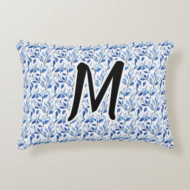 Vattenfärg Blått Blad Moasik Finkonst Monogram Prydnadskudde (Framsidan)