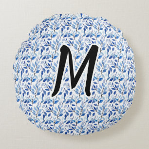 Vattenfärg Blått Blad Moasik Finkonst Monogram Rund Kudde