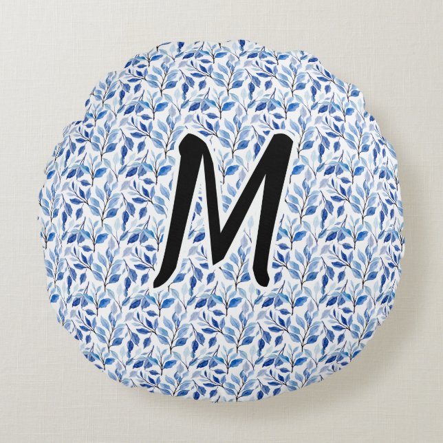 Vattenfärg Blått Blad Moasik Finkonst Monogram Rund Kudde (Framsidan)