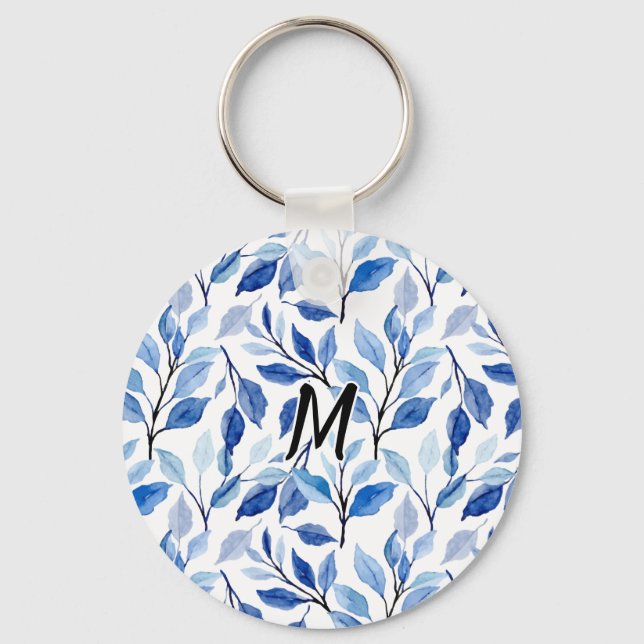 Vattenfärg Blått Blad Mosaik Fin Konst Monogram Nyckelring (Framsida)