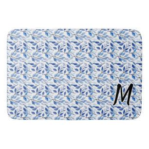 Vattenfärg Blått Blad Mosaik Finkonst Monogram Badrumsmatta