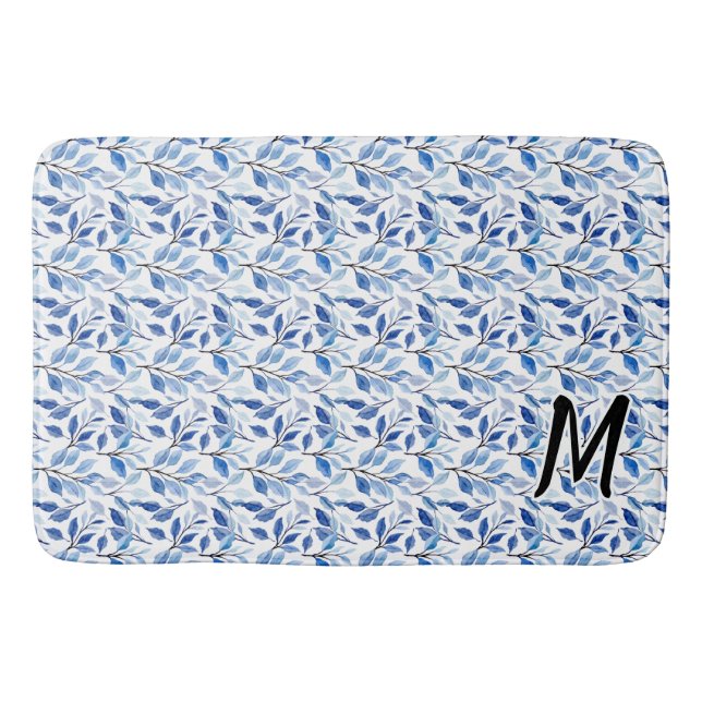 Vattenfärg Blått Blad Mosaik Finkonst Monogram Badrumsmatta (Framsidan)