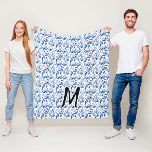 Vattenfärg Blått Blad Mosaik Finkonst Monogram Fleecefilt