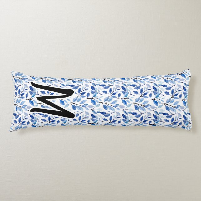 Vattenfärg Blått Blad Mosaik Finkonst Monogram Kroppskudde (Framsidan)