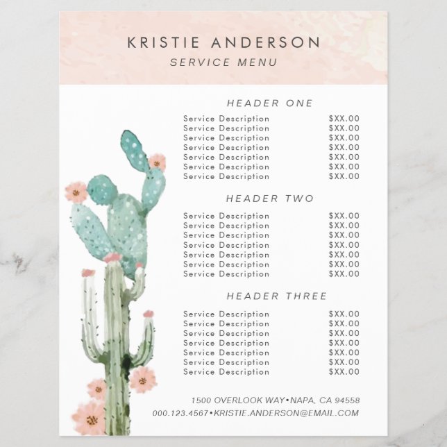 Vattenfärg Blommande Kaktus Prissättning & Tjänste Reklamblad (Framsidan)