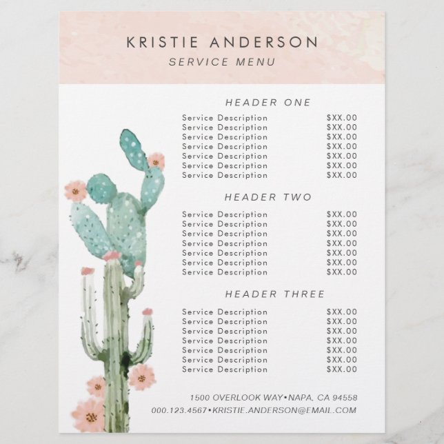 Vattenfärg Blommande Kaktus Prissättning & Tjänste Reklamblad (Framsidan)