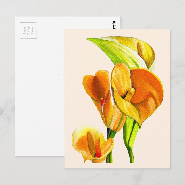 Vattenfärg blommande kallalilja vykort (Fram/baksida)
