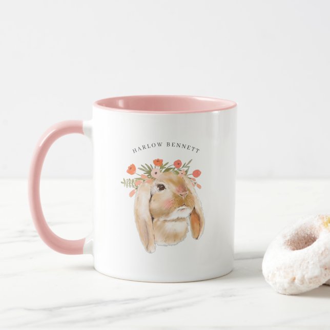 Vattenfärg Blommande Kanin | Namn Monogram Mugg (Med munk)