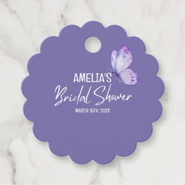 Vattenfärg blommande lila fjäril bröllopsdusch  gåvor etiketter (Framsida)