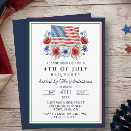 Vattenfärg Blommig 4:e Juli Grillfest USA Patrioti Inbjudningar