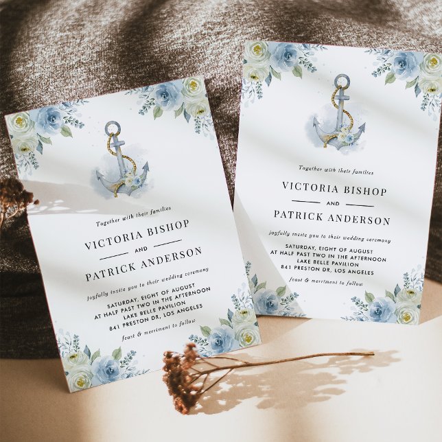 Vattenfärg Blommig Ankar Nautilus QR-kod Bröllop Inbjudningar (Coastal QR code wedding invitation featuring watercolor floral anchor with blue and white flowers.)