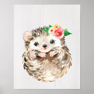 Vattenfärg Blommig Baby Igelkott, Skogsdjur Poster