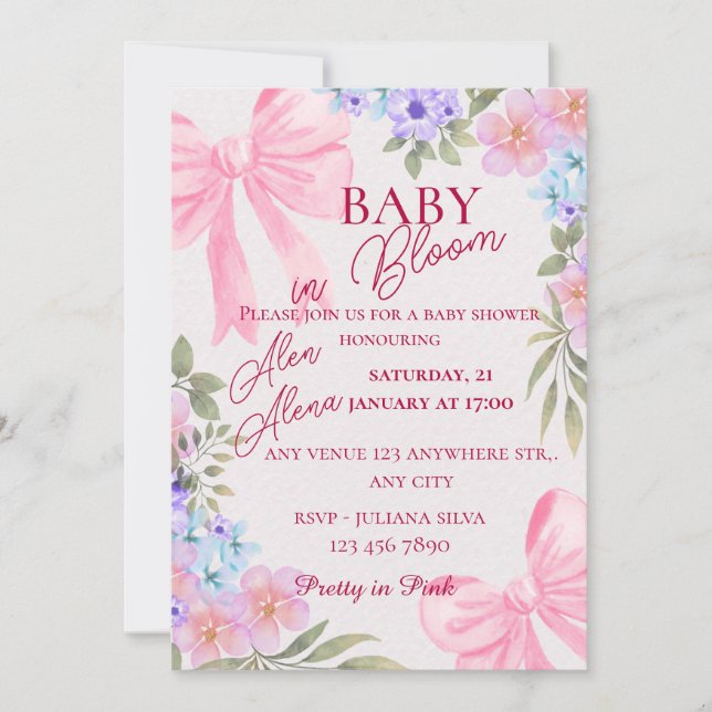 Vattenfärg Blommig baby shower inbjudan (Framsida)