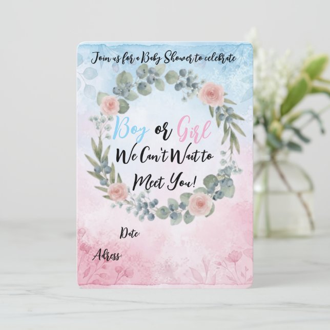 Vattenfärg Blommig Baby Shower Inbjudan - Rosa och (Stående Fram)