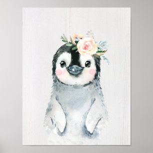 Vattenfärg Blommig Bebis Pingvin, Snöiga Djur Poster
