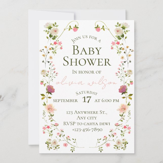 Vattenfärg Blommig Bebis Shower Inbjudan (Framsida)