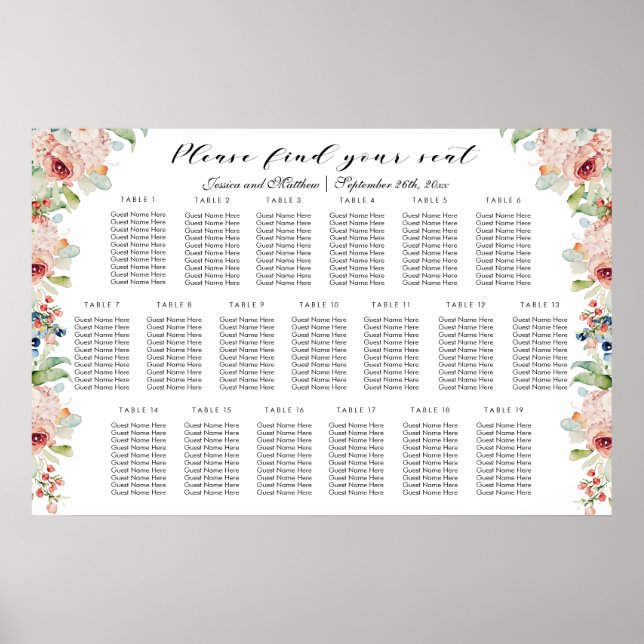 Vattenfärg Blommig Bordplacering för Bröllop 19 Bo Poster (Framsidan)