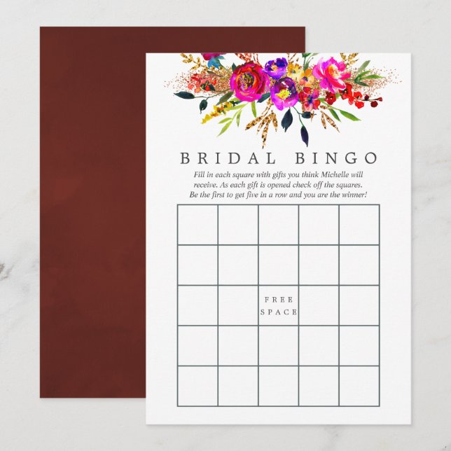 Vattenfärg Blommig Bröllopsdusch Bingo Inbjudningar (Fram/baksida)
