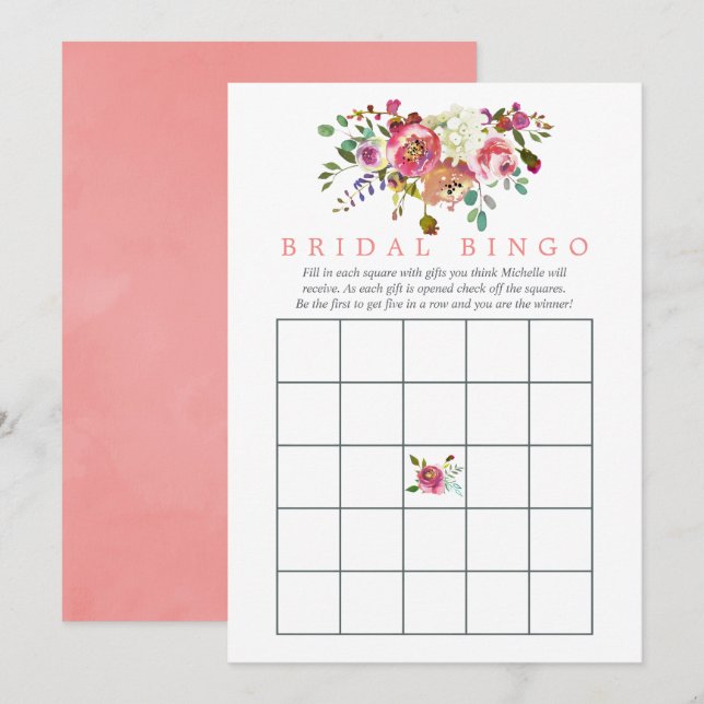 Vattenfärg Blommig Bröllopsdusch Bingo Inbjudningar (Fram/baksida)