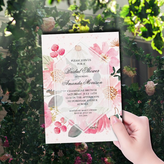 Vattenfärg Blommig Bröllopsdusch Inbjudningar (Watercolor pink garden flowers bridal shower invitations)