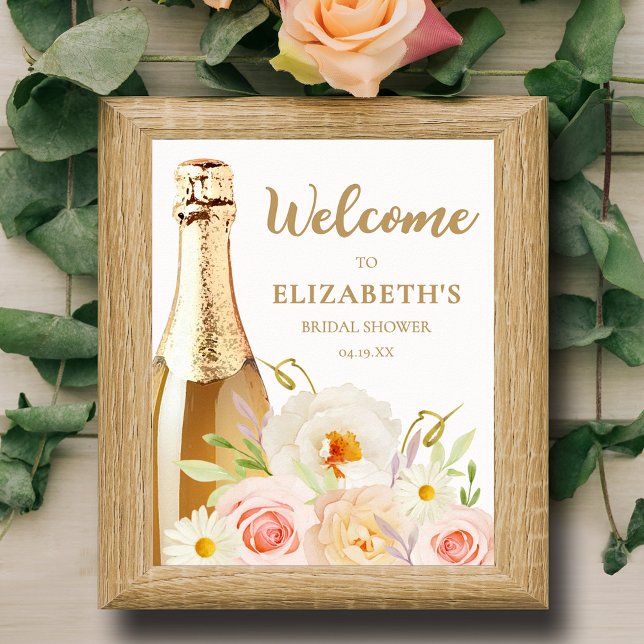 Vattenfärg Blommig Bröllopsfest Välkommen Poster (Brunch and Bubbly garden flowers bridal shower welcome tabletop poster,  INSTANT DOWNLOAD or PRINTED)