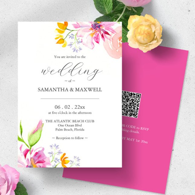 Vattenfärg Blommig Bröllopsinbjudan med QR-kod Inbjudningar (Pink floral wedding invitations with QR code sustainable weddings watercolor Victoria Grigaliunas)