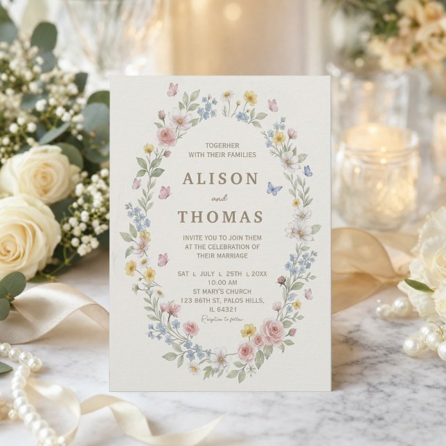 Vattenfärg Blommig Bröllopsinbjudan Suite Inbjudningar (#wildflowerinvitation #wildflowerspring #summerwedding #softfloralwedding #romanticflowers#butterfly)