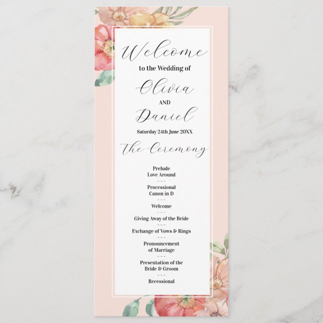 Vattenfärg Blommig Bröllopsmeny CeremoniDetaljer Program (Framsida)