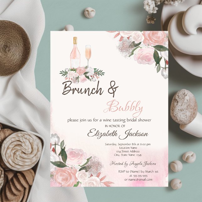 Vattenfärg Blommig Brunch & Bubbly Bröllopsdusch Inbjudningar (Skapare uppladdad)