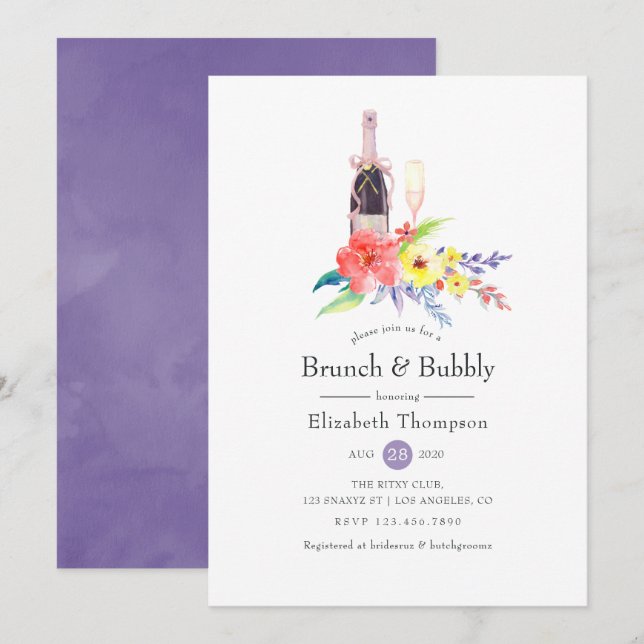 Vattenfärg Blommig Brunch och Bubbly Bröllopsfest Inbjudningar (Fram/baksida)