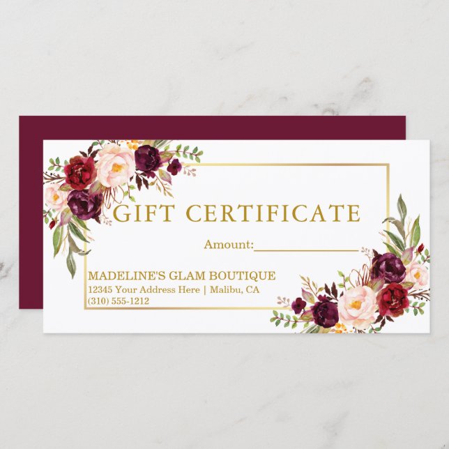 Vattenfärg Blommig Burgunderröd Guld Presentcertif (Fram/baksida)