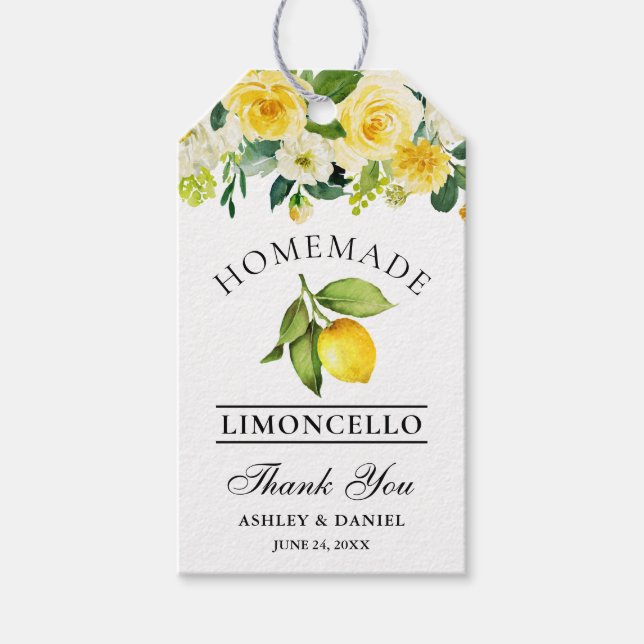 Vattenfärg Blommig Citron Limoncello Bröllop Presentetikett (Framsidan)