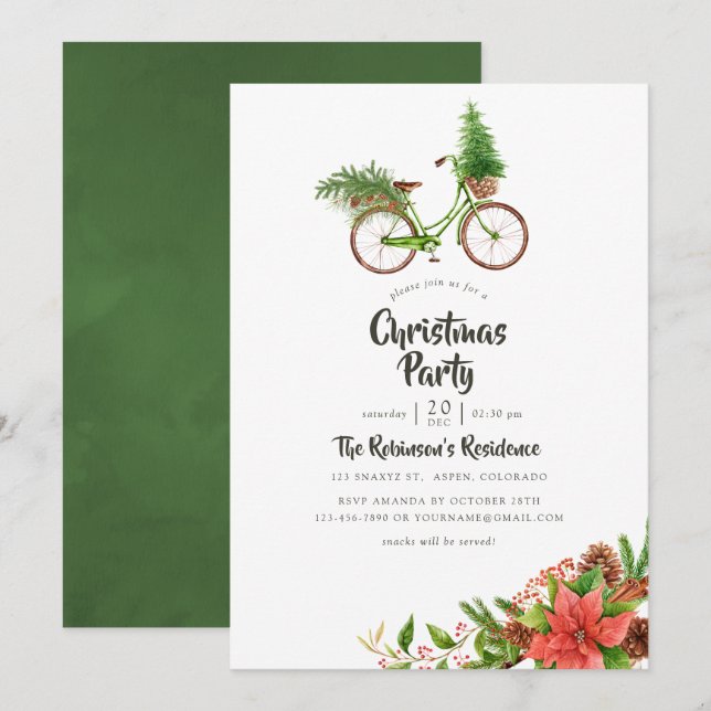 Vattenfärg Blommig Cykel Julfest Inbjudningar (Fram/baksida)