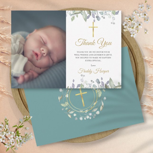 Vattenfärg Blommig Dop, Dopbild Tack Kort (Watercolor Floral Baptism, Christening Photo Thank You Card)