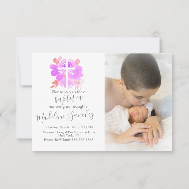 Vattenfärg Blommig Dop Rosa Baby Invitation  Inbjudningar (Framsida)