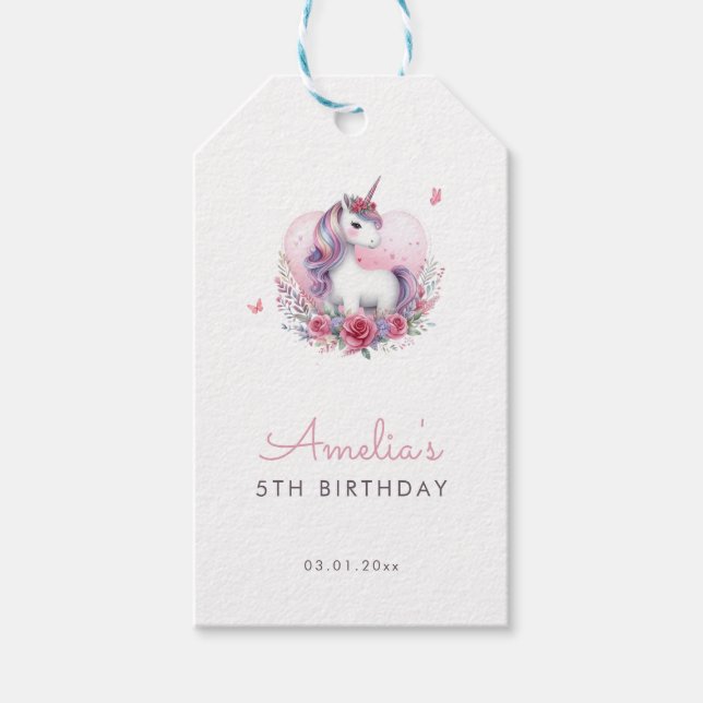Vattenfärg Blommig Enhörning Magisk Födelsedagsfes Presentetikett (Framsidan)