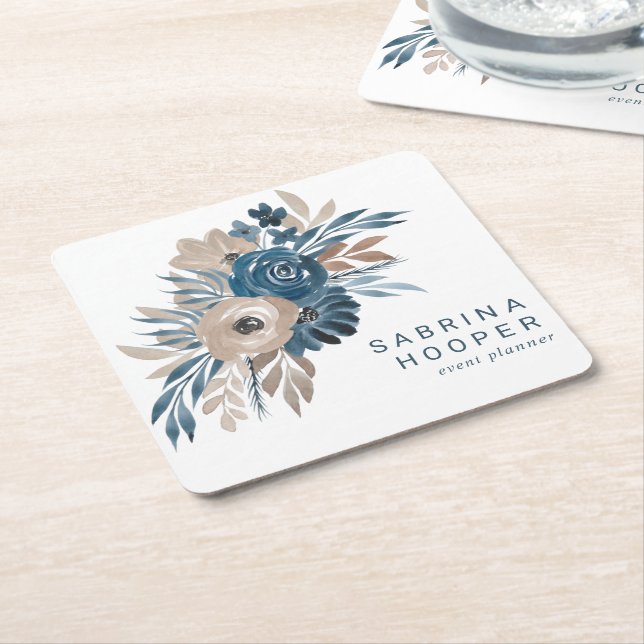 Vattenfärg Blommig Evenemangsplanerare Indigo Beig Underlägg Papper Kvadrat (Vinklad)
